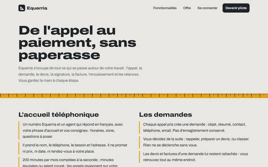 Page fonctionnalités d'Equerria