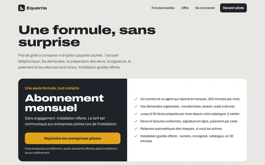 Page tarifs d'Equerria