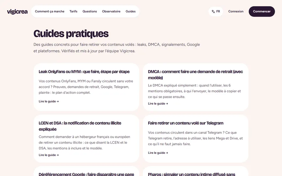 Page guides de Vigicrea