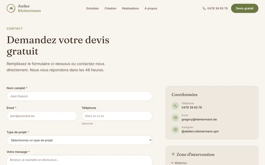 Quote form on the Atelier Kleinermann website